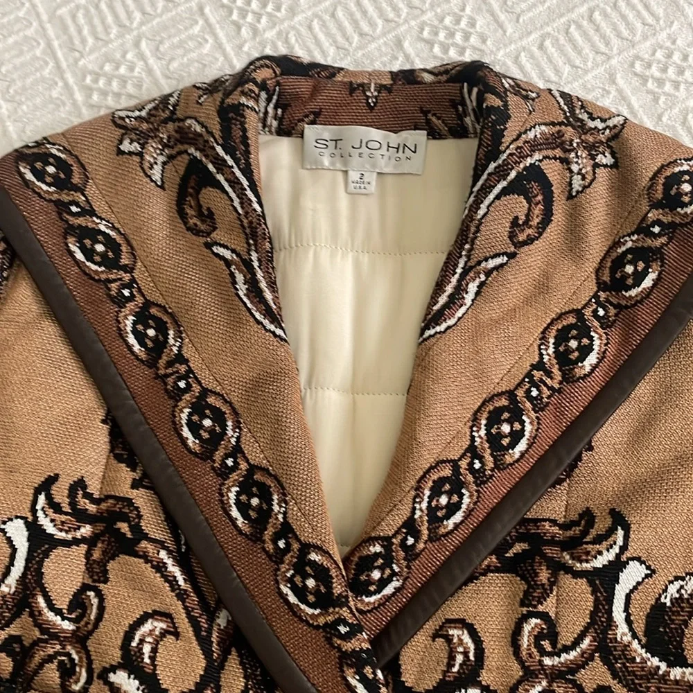 St. John Brown jacket Blazer with Intricate Pattern and Black Trim